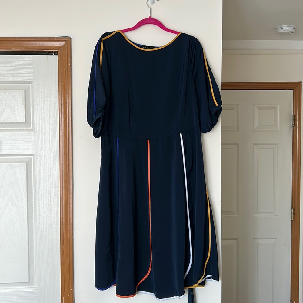 Eloquii navy spring dress with colorful piping detail